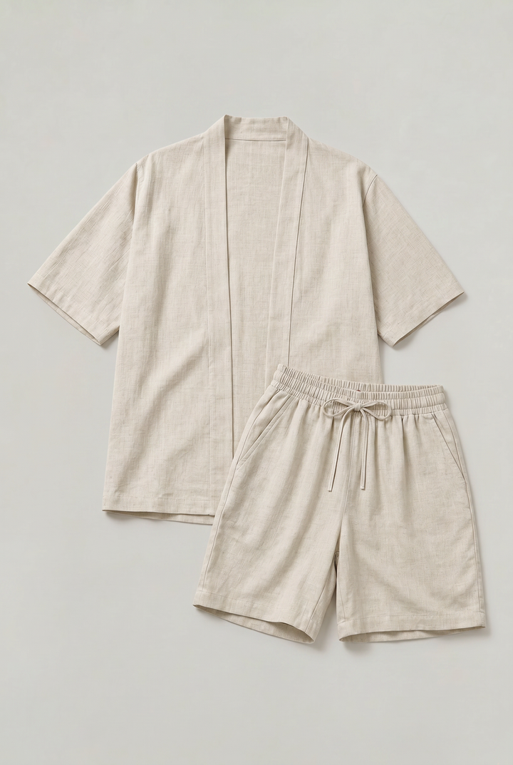 Women's Linen Cardigan and Shorts Two Piece Set in Khaki | Invictora.com