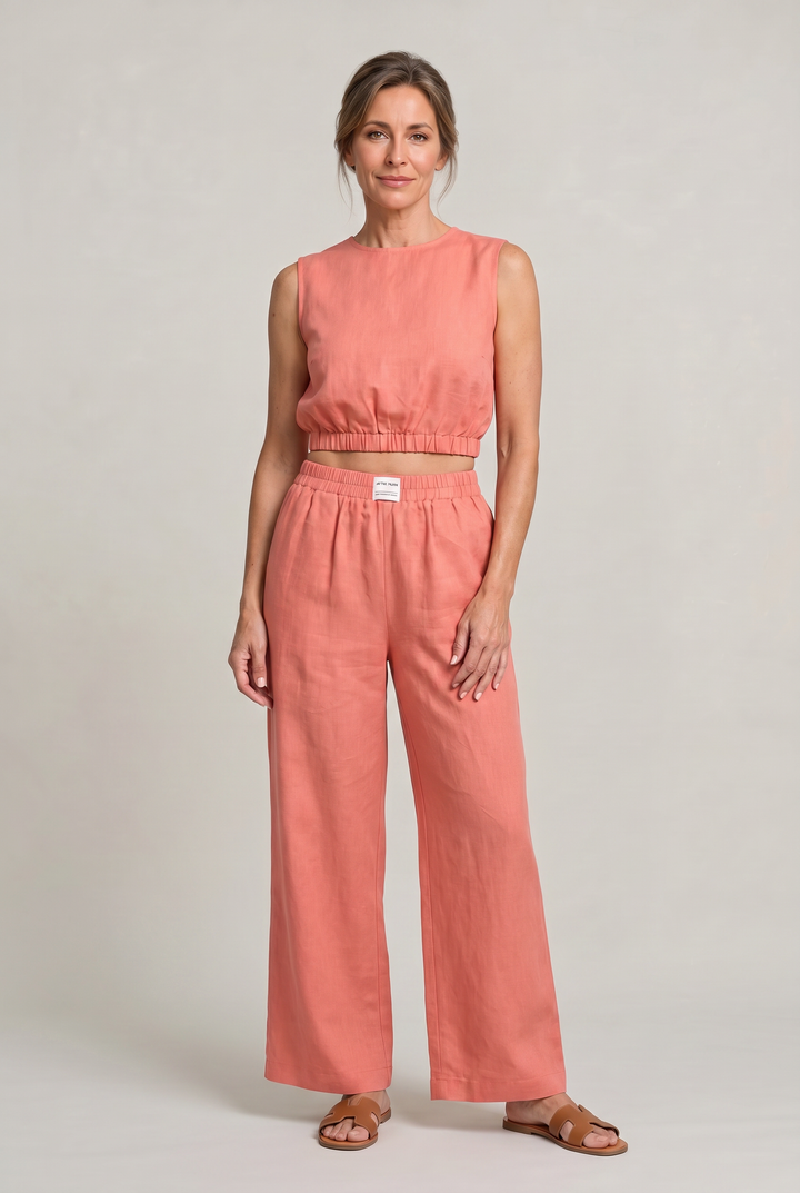 Women's Linen Sleeveless Top and Wide Leg Trousers Two Piece Set in Red | Invictora.com