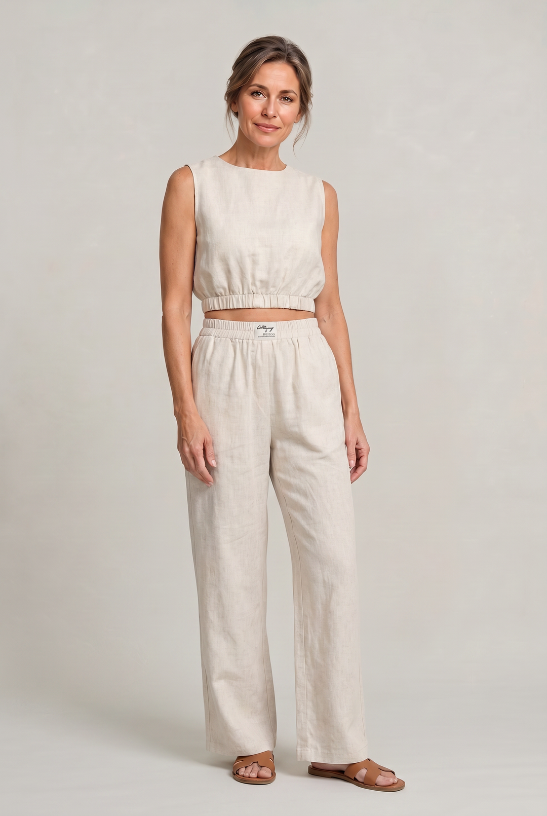 Women's Linen Sleeveless Top and Wide Leg Trousers Two Piece Set in White | Invictora.com