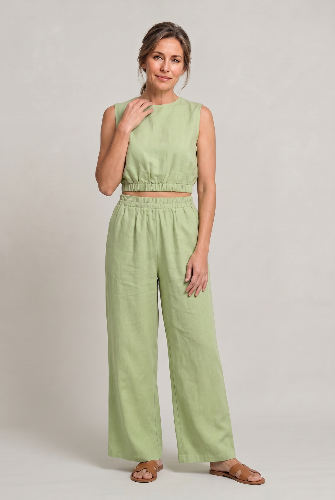 Women's Linen Sleeveless Top and Wide Leg Trousers Two Piece Set in Light Green | Invictora.com