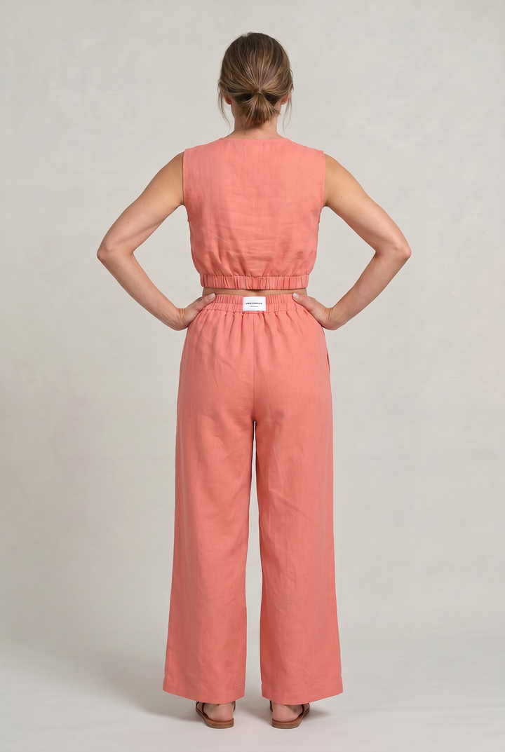Women's Linen Sleeveless Top and Wide Leg Trousers Two Piece Set in Red | Invictora.com