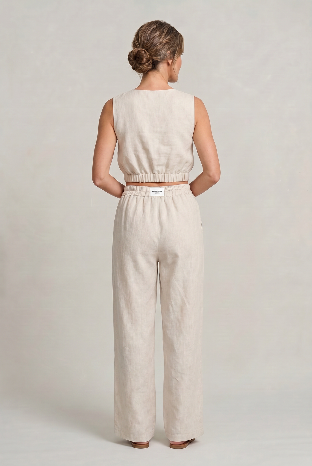 Women's Linen Sleeveless Top and Wide Leg Trousers Two Piece Set in White | Invictora.com