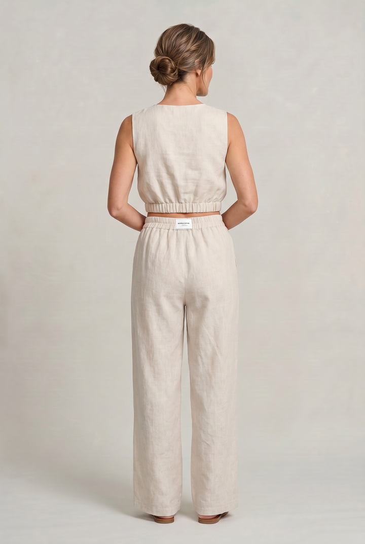 Women's Linen Sleeveless Top and Wide Leg Trousers Two Piece Set in White | Invictora.com