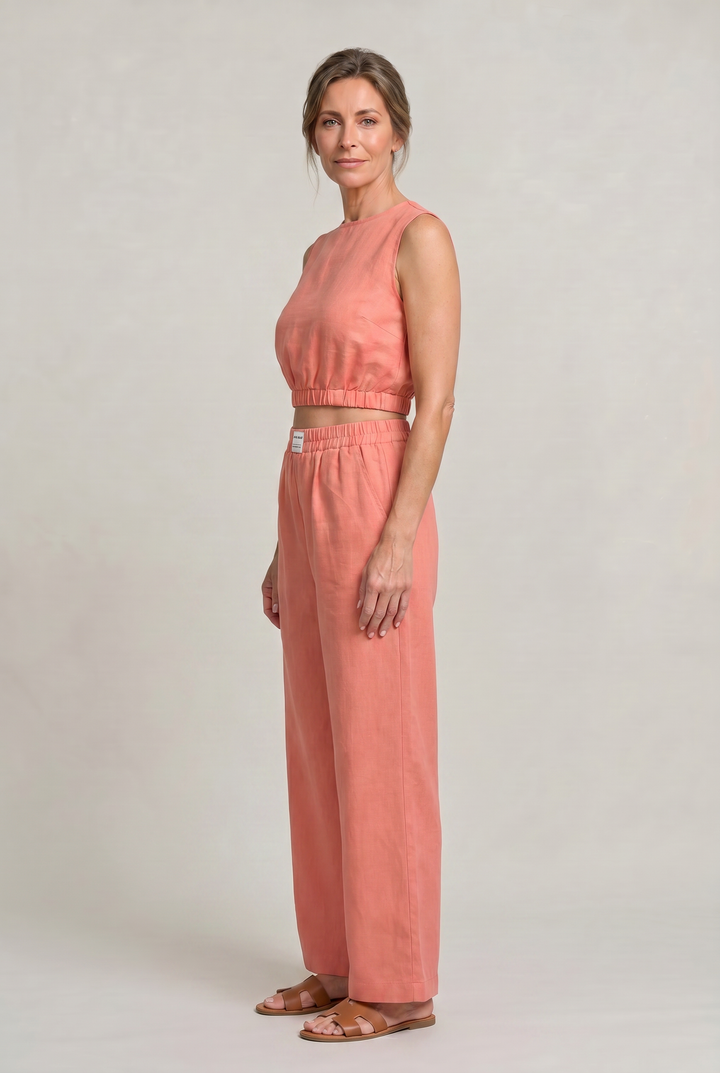 Women's Linen Sleeveless Top and Wide Leg Trousers Two Piece Set in Red | Invictora.com