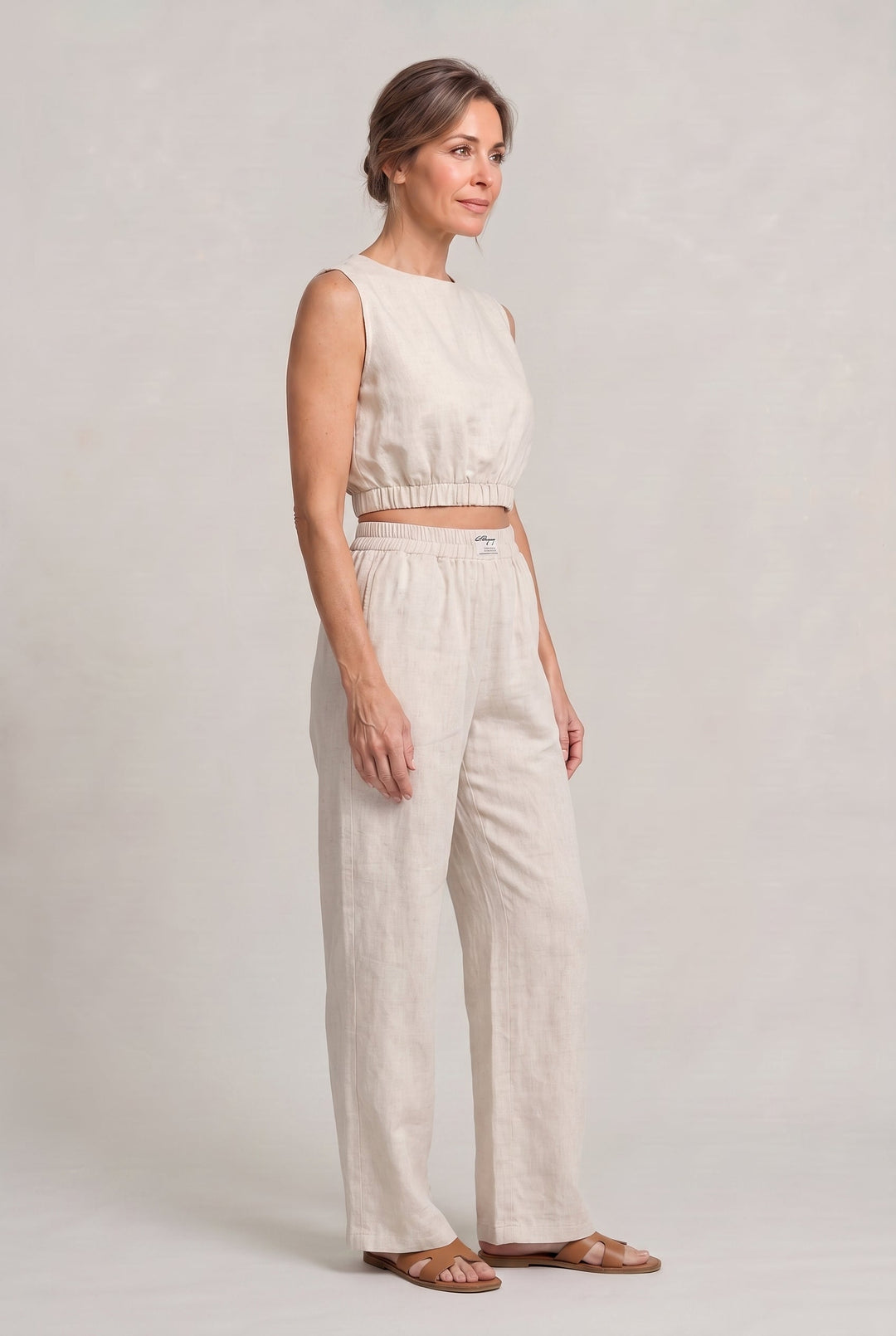Women's Linen Sleeveless Top and Wide Leg Trousers Two Piece Set in White | Invictora.com