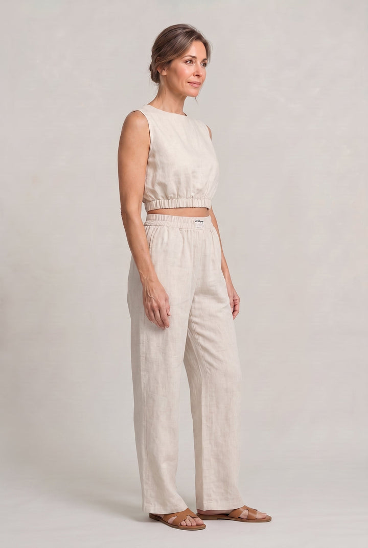 Women's Linen Sleeveless Top and Wide Leg Trousers Two Piece Set in White | Invictora.com