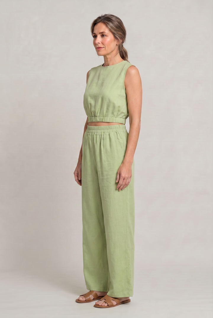 Women's Linen Sleeveless Top and Wide Leg Trousers Two Piece Set in Light Green | Invictora.com