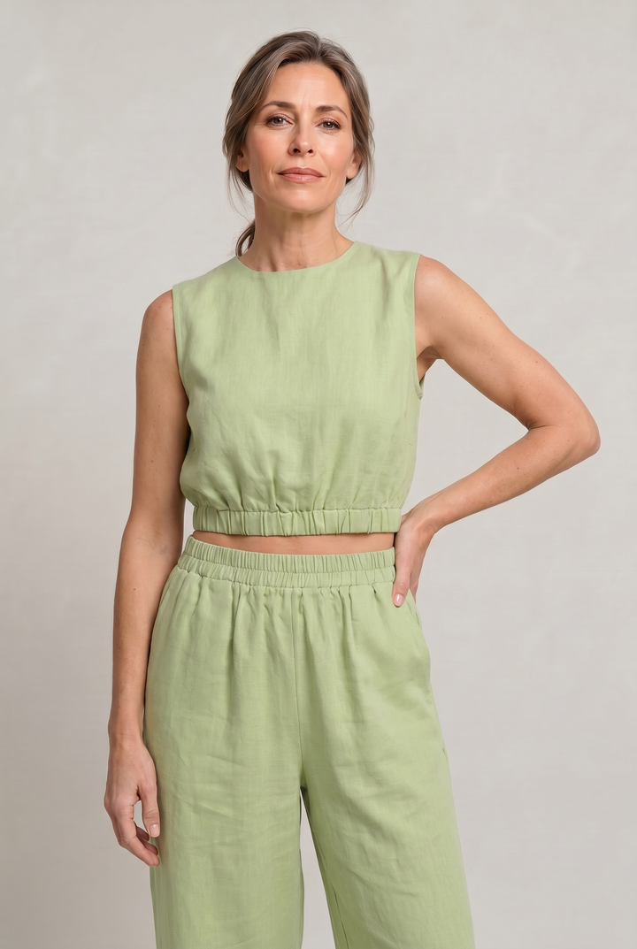 Women's Linen Sleeveless Top and Wide Leg Trousers Two Piece Set in White | Invictora.com