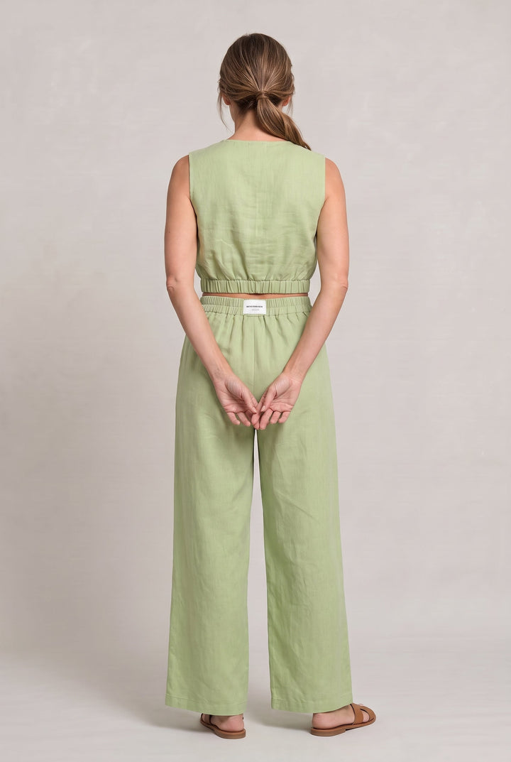 Women's Linen Sleeveless Top and Wide Leg Trousers Two Piece Set in Light Green | Invictora.com