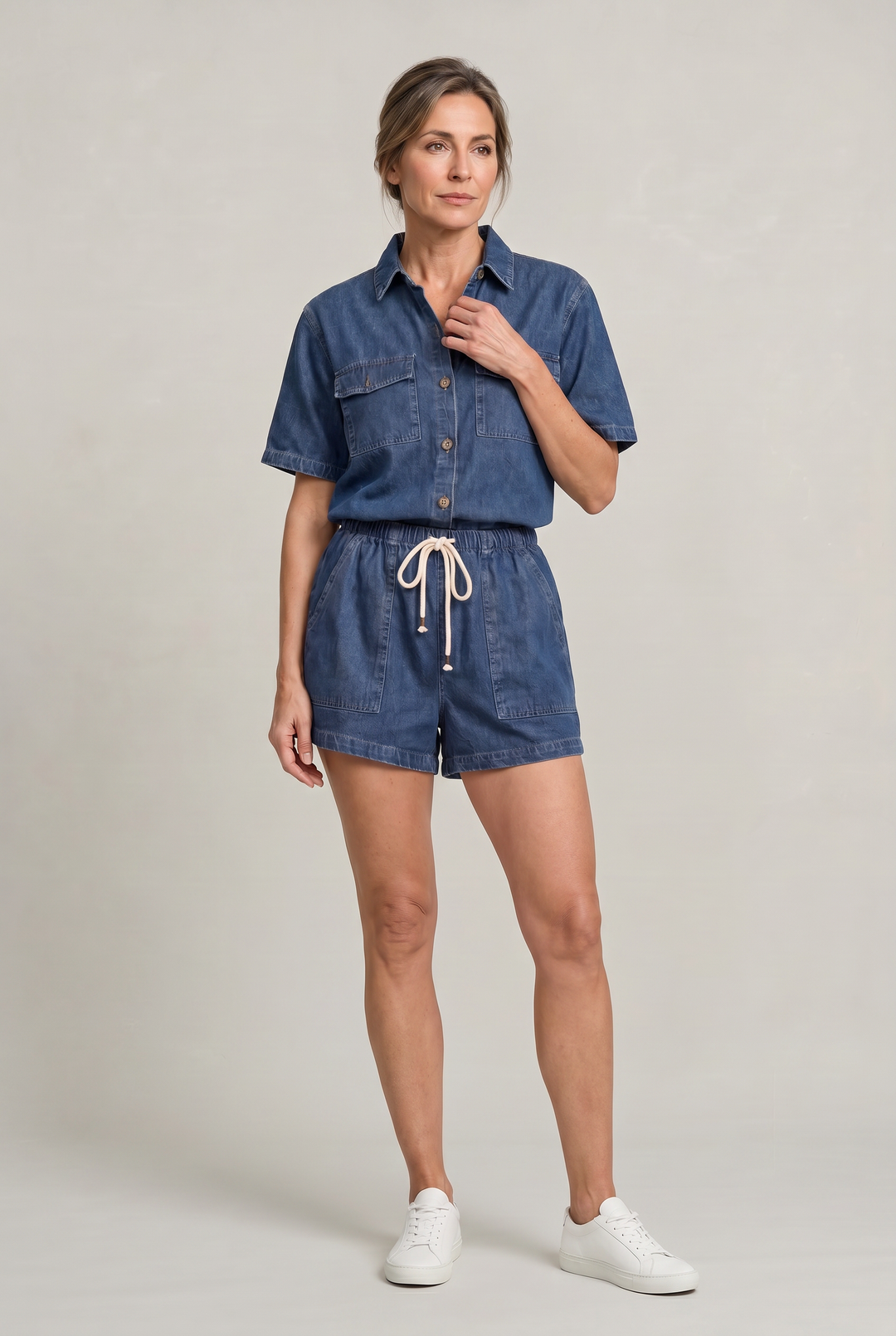 Women's Denim Short Sleeve Shirt and Shorts Two Piece Set product image | Invictora.com
