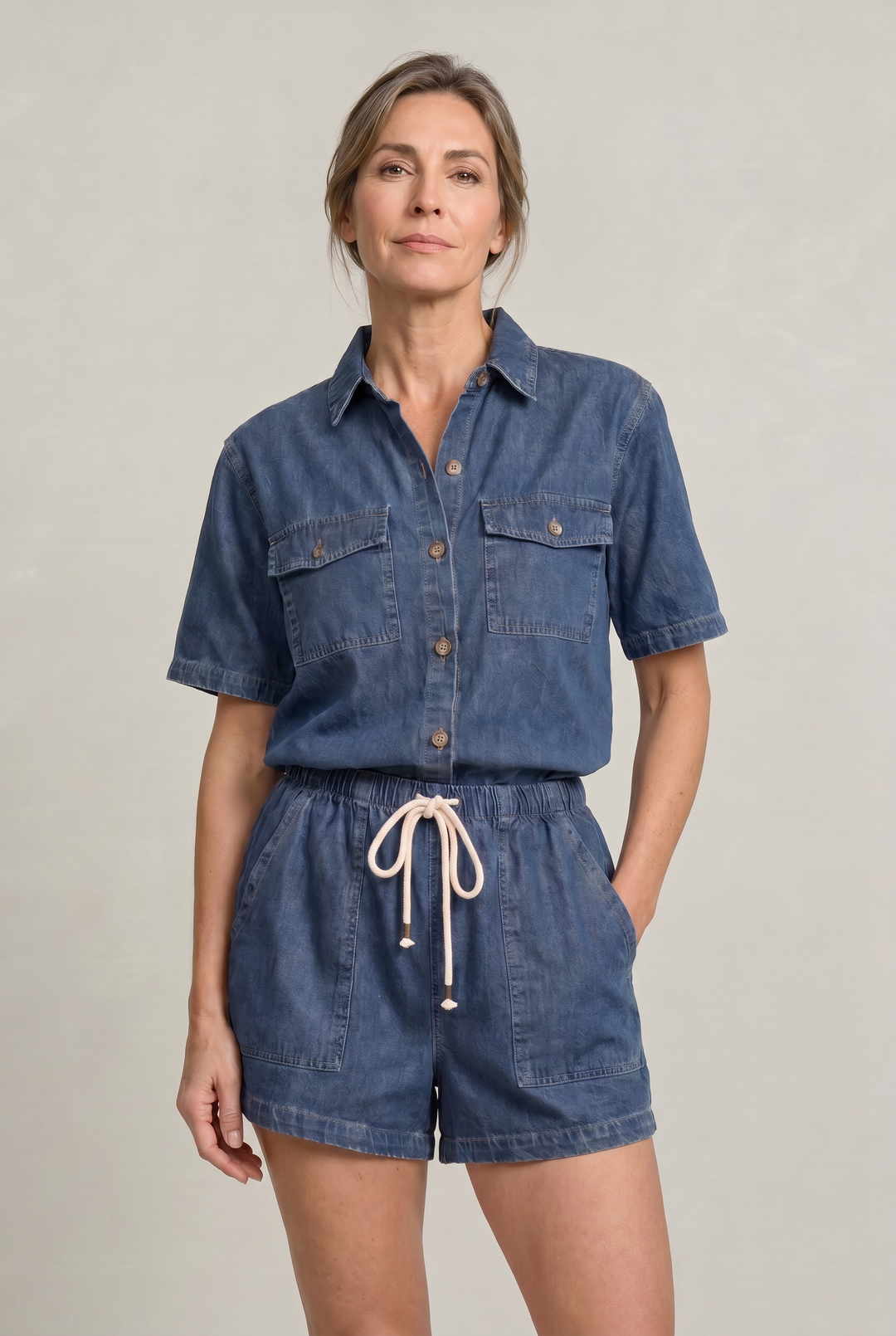 Women's Denim Short Sleeve Shirt and Shorts Two Piece Set product image | Invictora.com