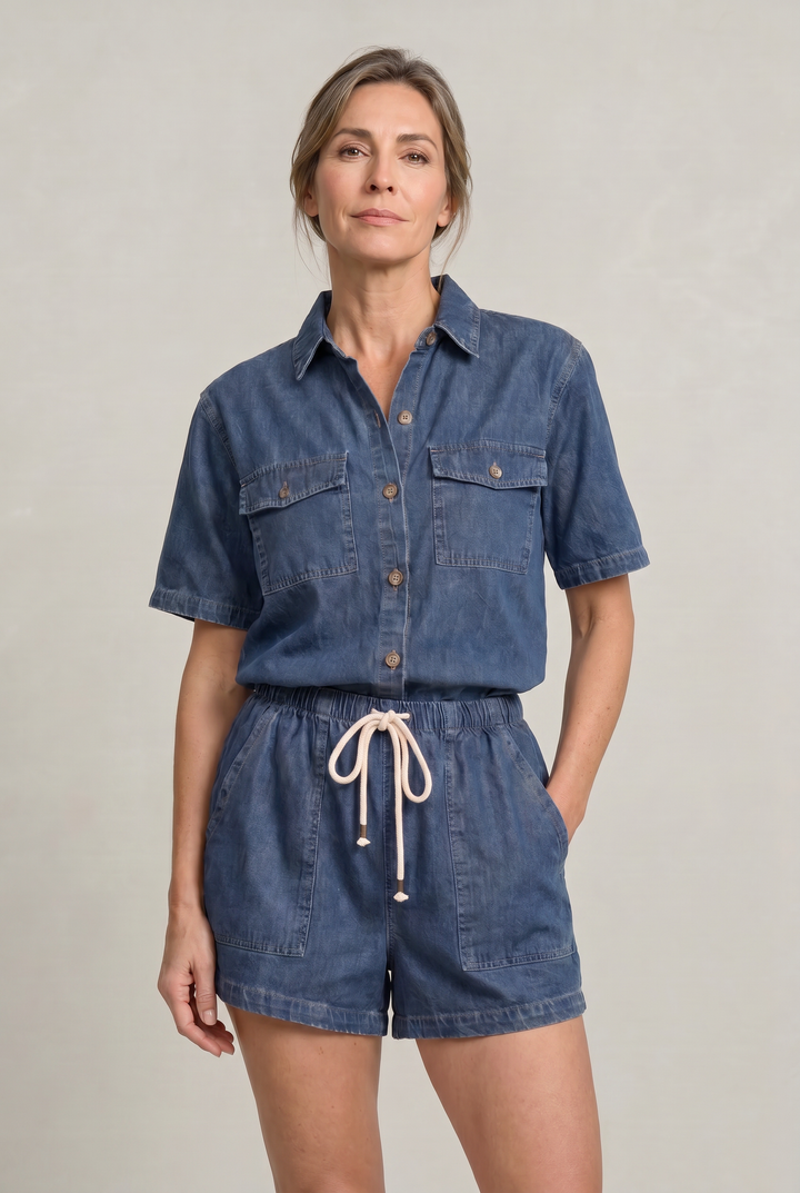 Women's Denim Short Sleeve Shirt and Shorts Two Piece Set product image | Invictora.com