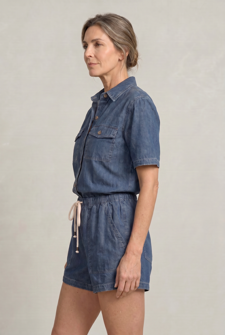 Women's Denim Short Sleeve Shirt and Shorts Two Piece Set product image | Invictora.com