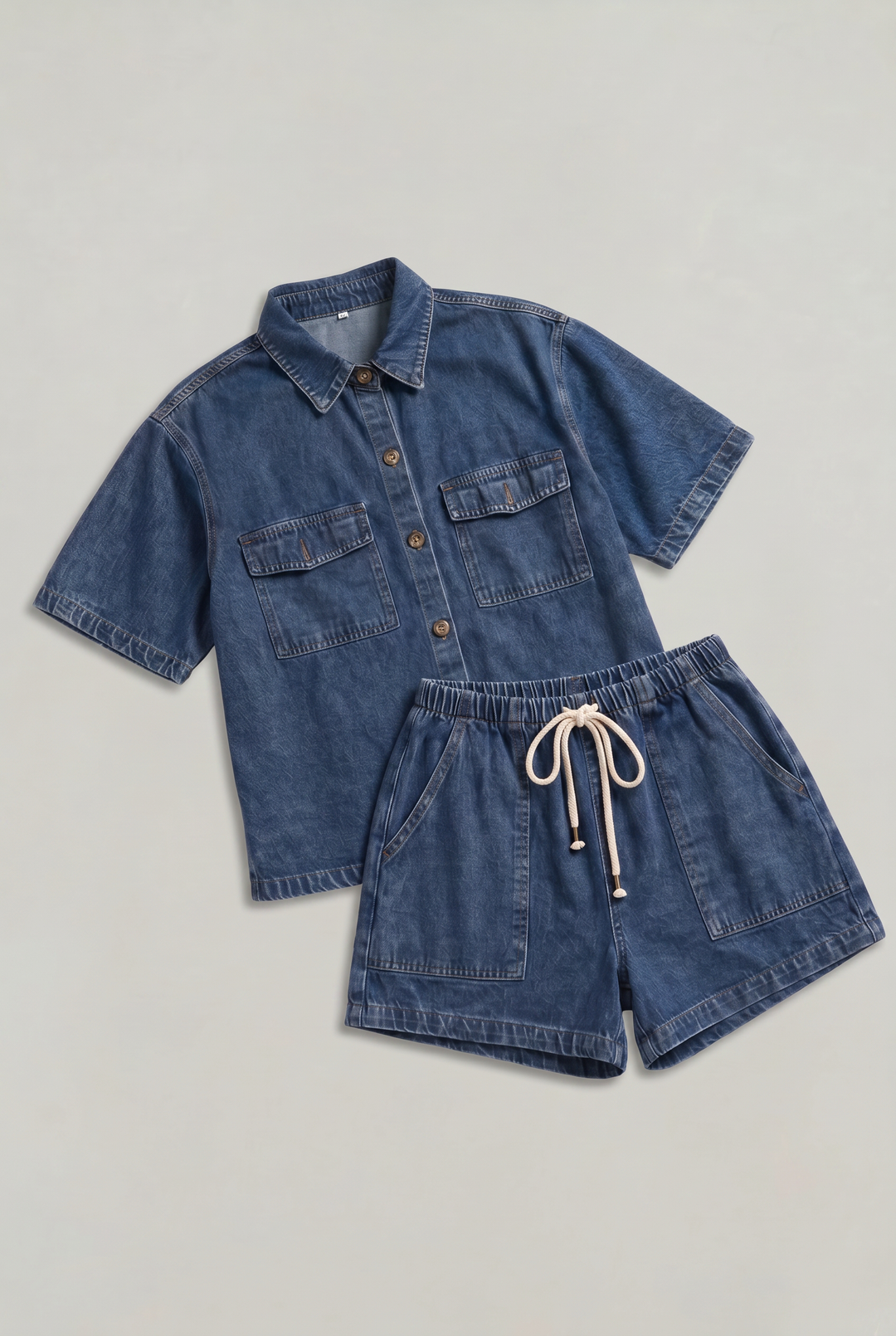 Women's Denim Short Sleeve Shirt and Shorts Two Piece Set product image | Invictora.com