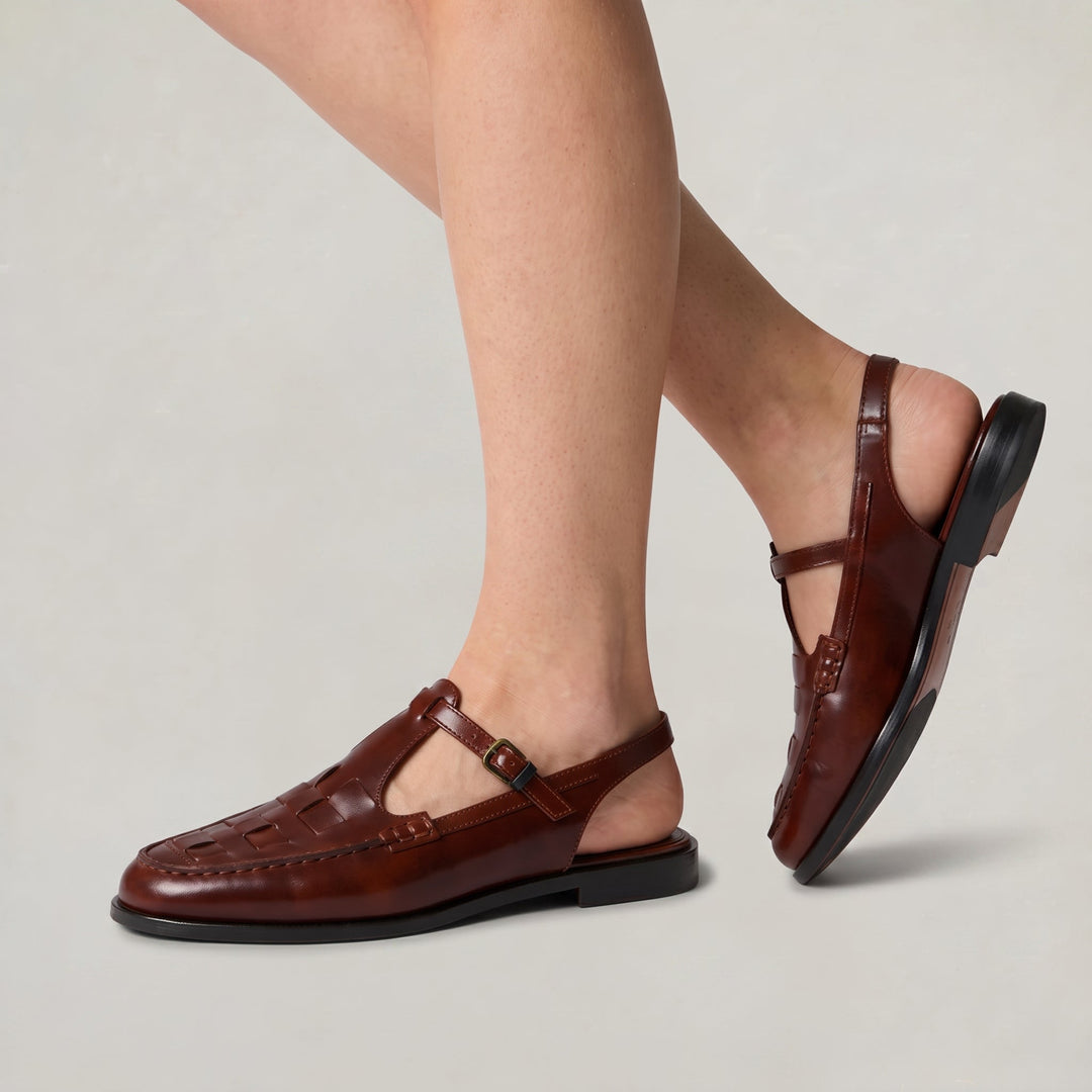 Women's Woven Leather Slingback Sandals - Flat Buckle T-Bar Loafer Sandals product image | Invictora.com