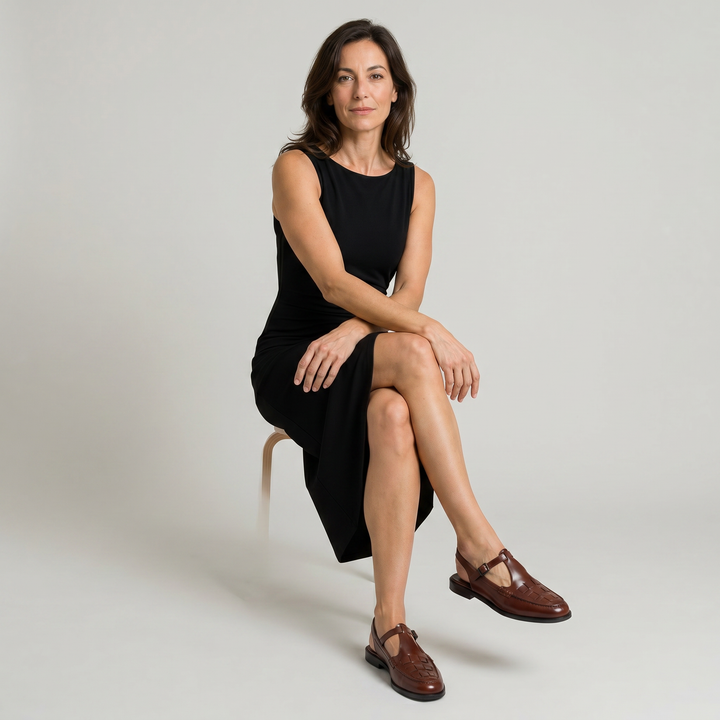 Women's Woven Leather Slingback Sandals - Flat Buckle T-Bar Loafer Sandals in Brown | Invictora.com