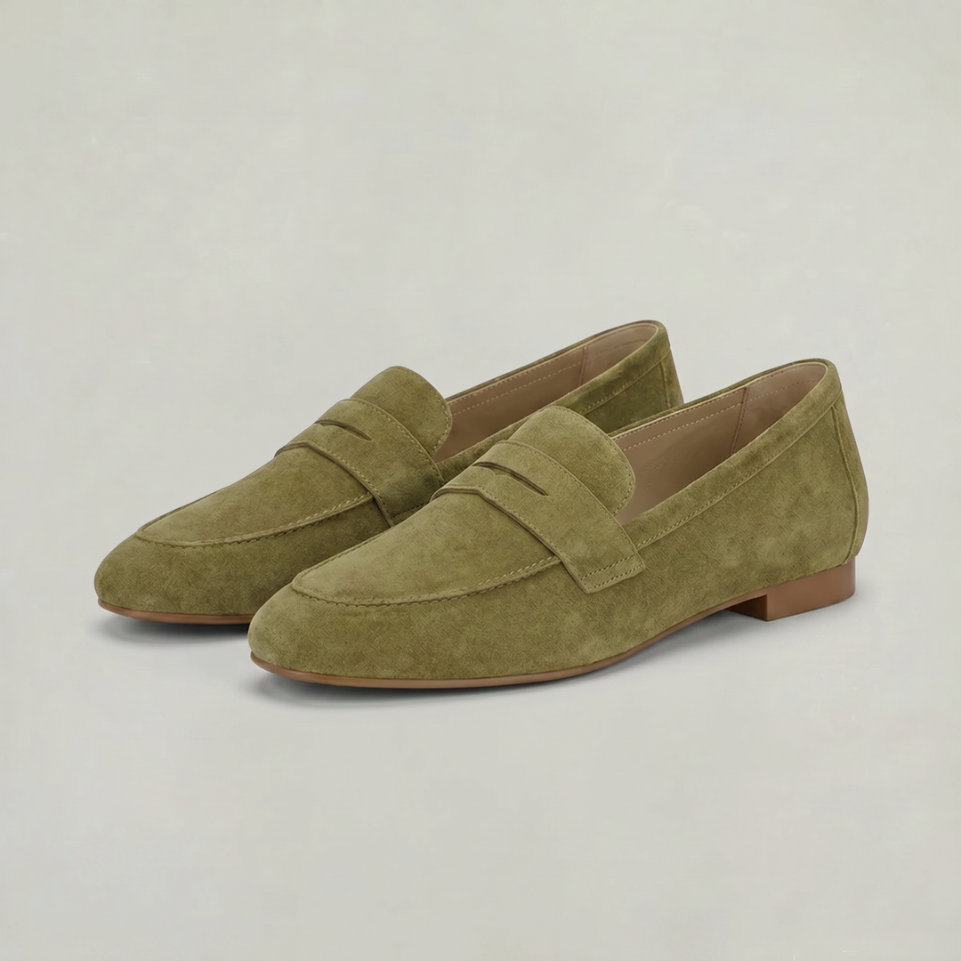 Women's Suede Slip-On Penny Loafers in Green | Invictora.com
