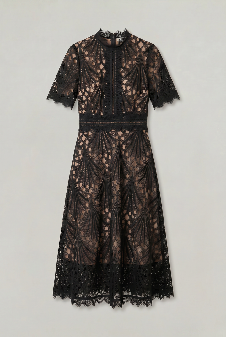 Women's Elegant Lace Midi Dress - High Neck Silhouette with Refined Cutwork Detail product image | Invictora.com