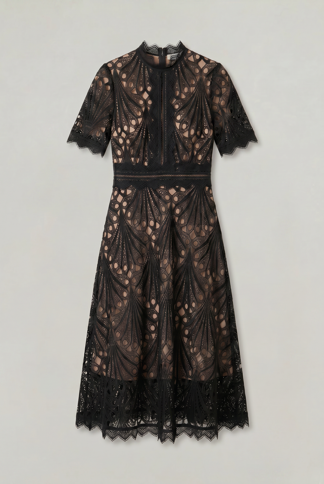 Women's Elegant Lace Midi Dress – High Neck Silhouette with Refined Cutwork Detail in Black | Invictora.com