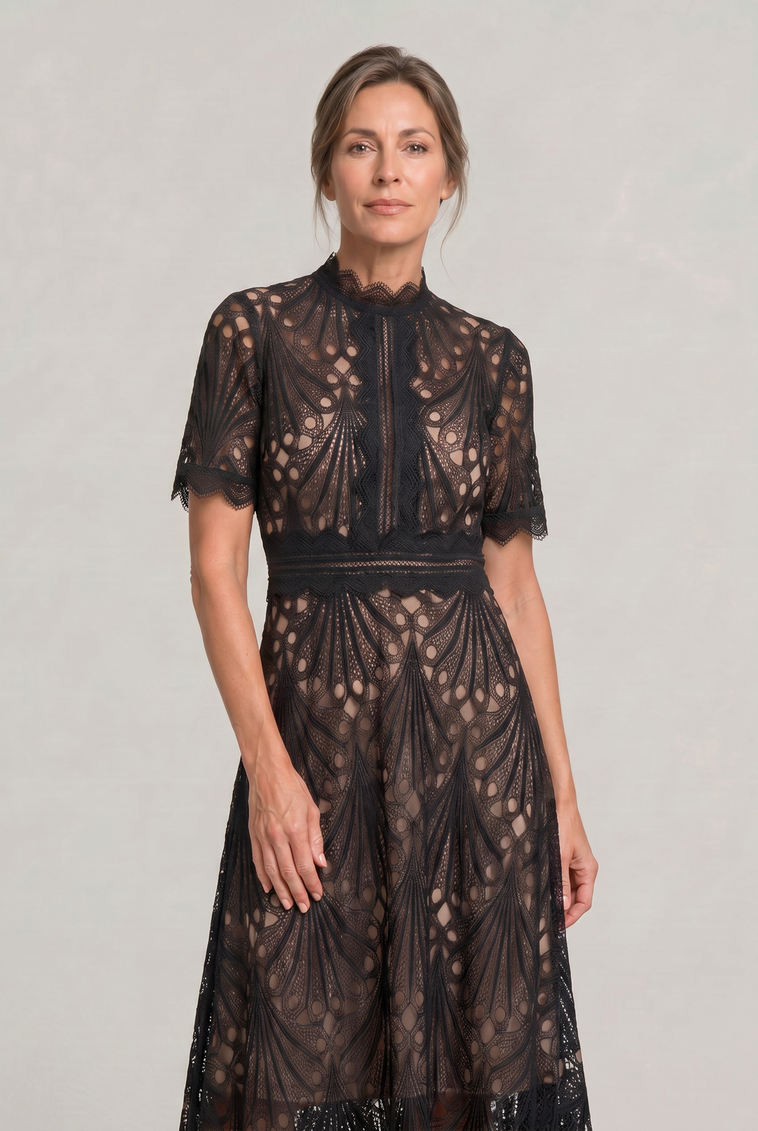 Women's Elegant Lace Midi Dress - High Neck Silhouette with Refined Cutwork Detail product image | Invictora.com