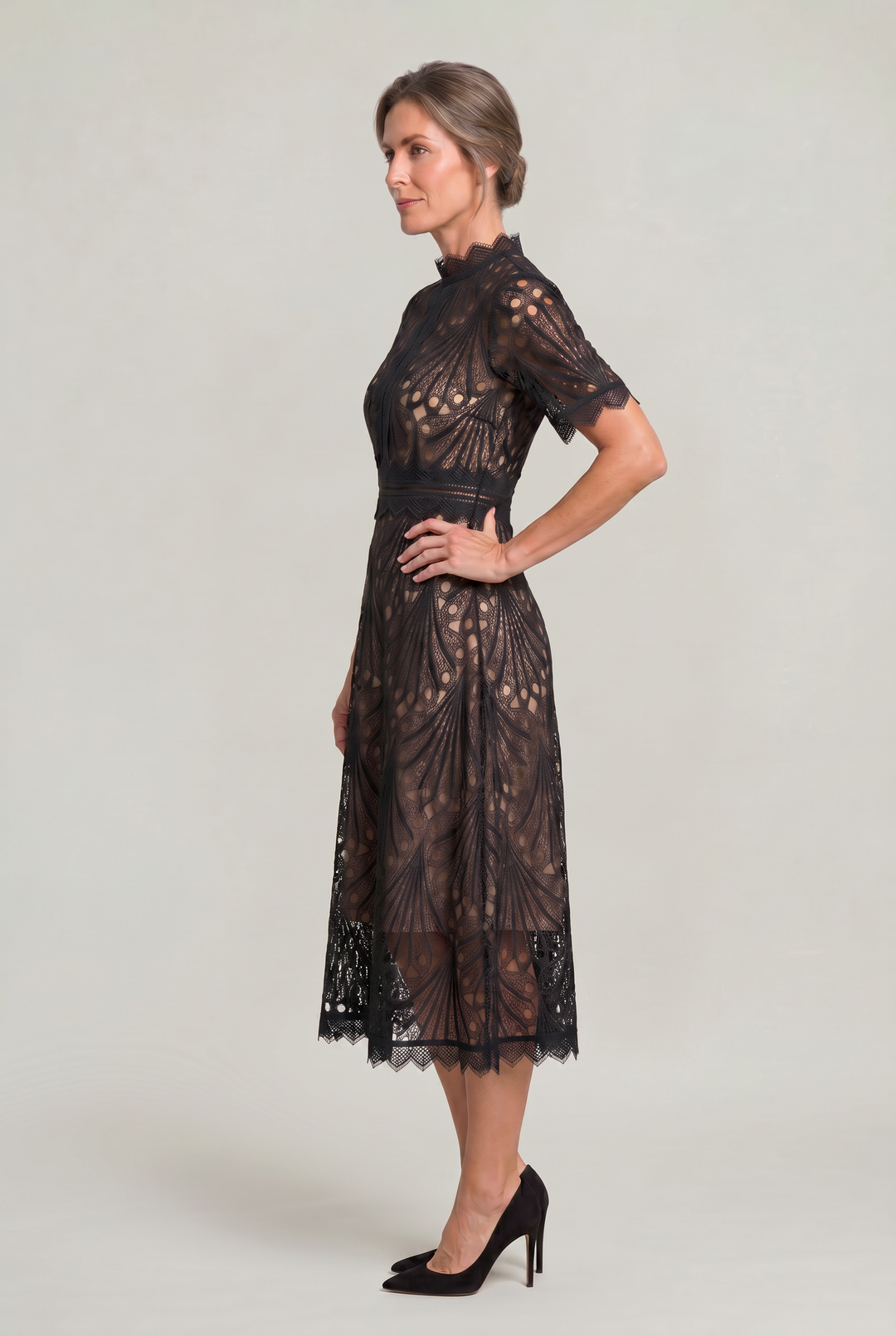 Women's Elegant Lace Midi Dress - High Neck Silhouette with Refined Cutwork Detail product image | Invictora.com