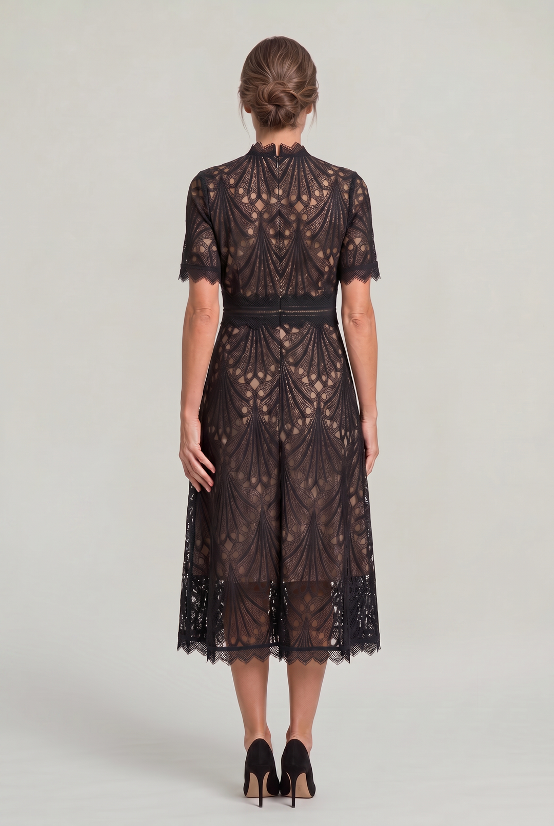 Women's Elegant Lace Midi Dress - High Neck Silhouette with Refined Cutwork Detail product image | Invictora.com