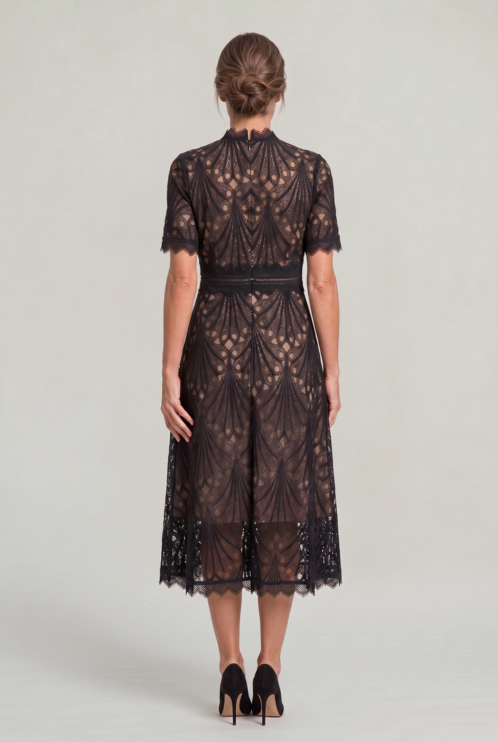 Women's Elegant Lace Midi Dress - High Neck Silhouette with Refined Cutwork Detail product image | Invictora.com