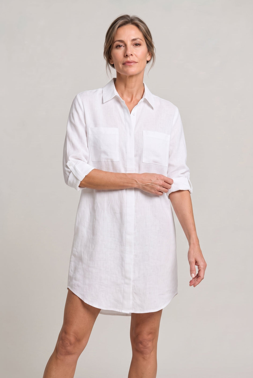 Women's Oversized Button Down Linen Shirt Dress in White | Invictora.com