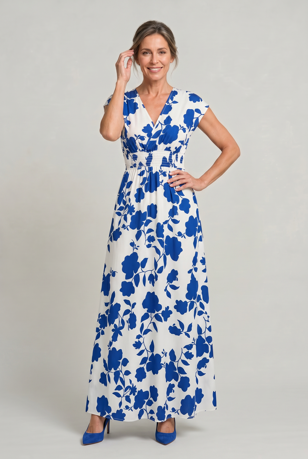 Women's V-Neck Floral Print Summer Maxi Dress in Blue | Invictora.com