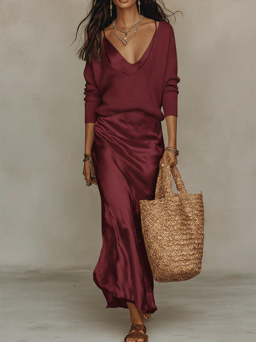 Women's Aria - Satin Midi Set with Coordinating Knit product image | Invictora.com