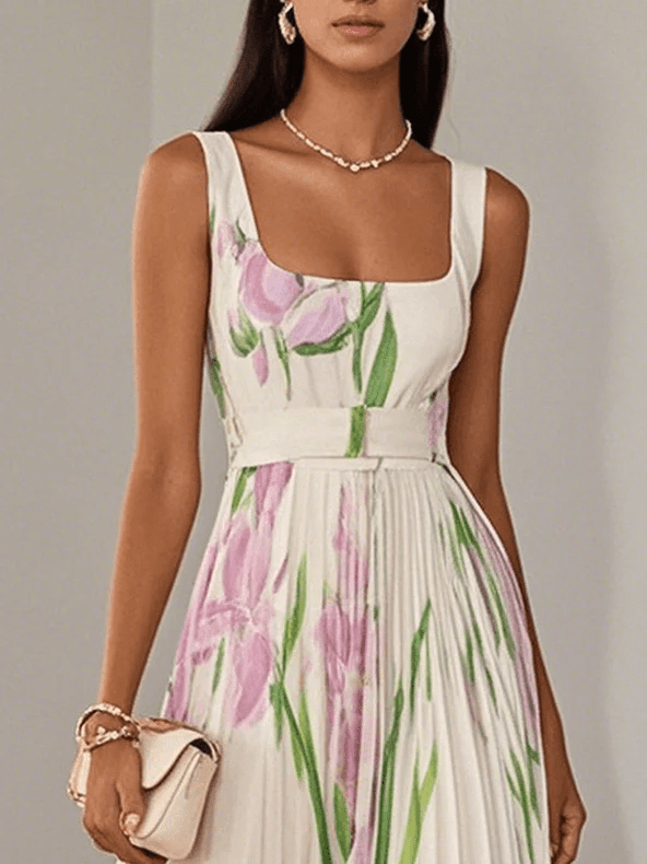 Women's Maxi Dress – Floral Chiffon Pleated Party