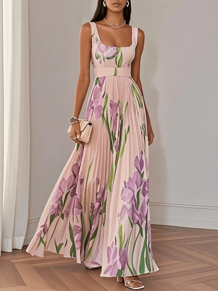 Women's Maxi Dress – Floral Chiffon Pleated Party