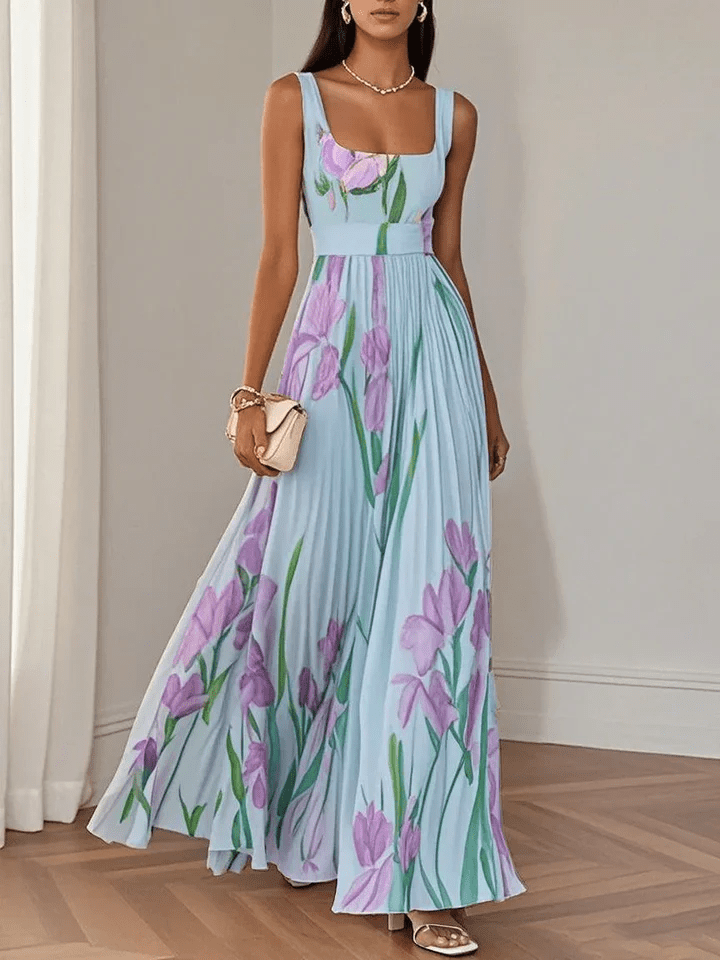 Women's Maxi Dress – Floral Chiffon Pleated Party