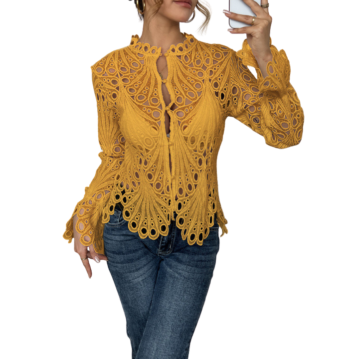 Women's Ella – Lace Cutwork Tie-Front Blouse in Off White | Invictora.com