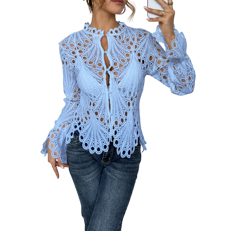 Women's Ella – Lace Cutwork Tie-Front Blouse in Off White | Invictora.com