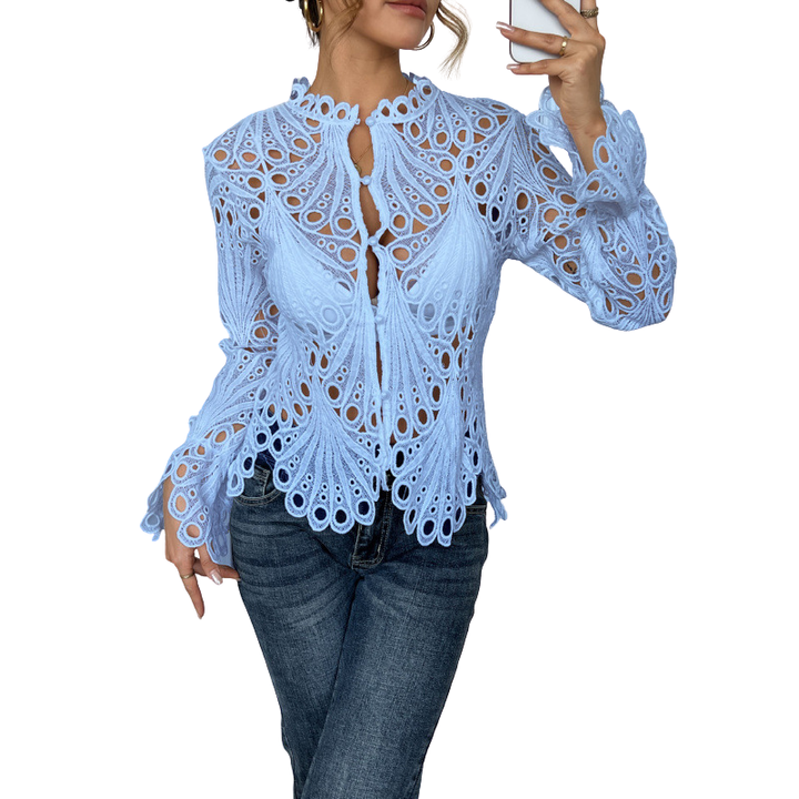 Women's Ella – Lace Cutwork Tie-Front Blouse in Off White | Invictora.com