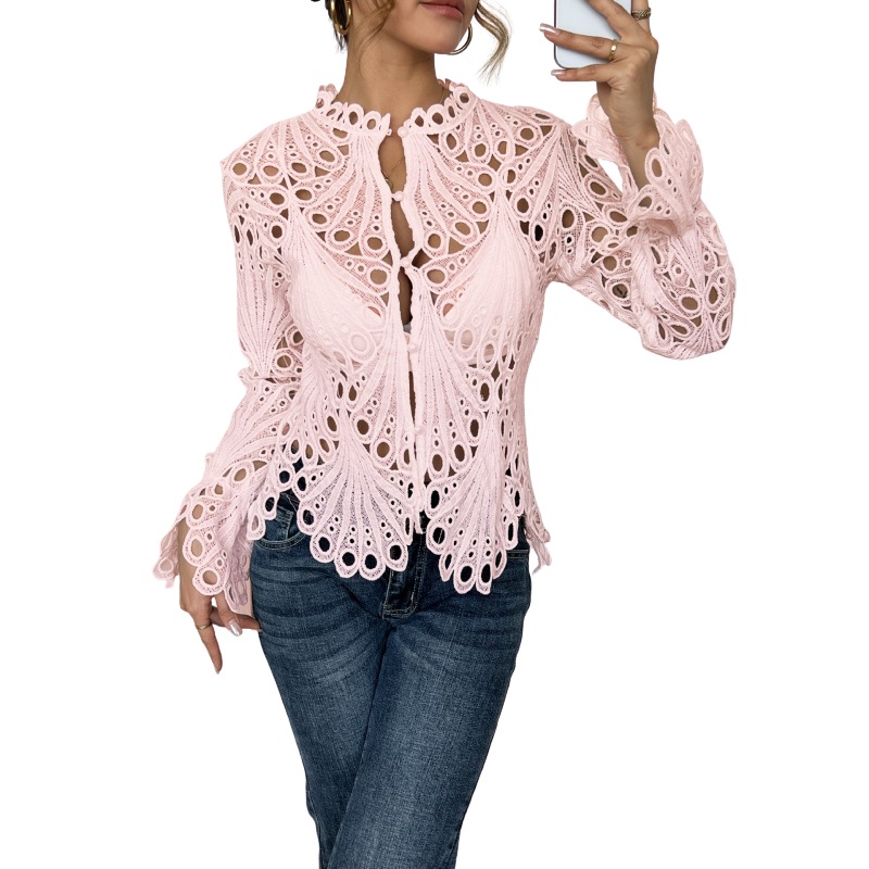 Women's Ella – Lace Cutwork Tie-Front Blouse in Off White | Invictora.com