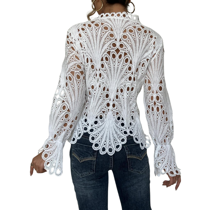 Women's Ella – Lace Cutwork Tie-Front Blouse in Off White | Invictora.com