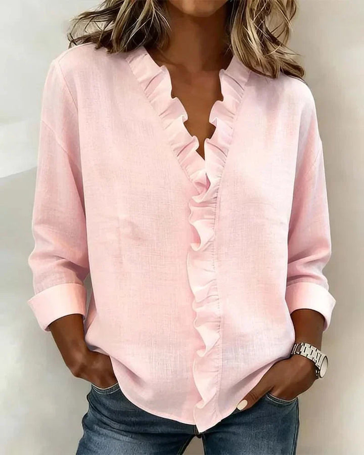 Women's Livia – Elegant Ruffled V-Neck Women's Blouse in Pink | Invictora.com