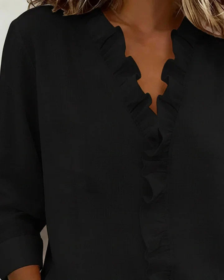 Women's Livia – Elegant Ruffled V-Neck Women's Blouse in Pink | Invictora.com