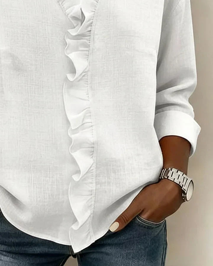 Women's Livia – Elegant Ruffled V-Neck Women's Blouse in White | Invictora.com