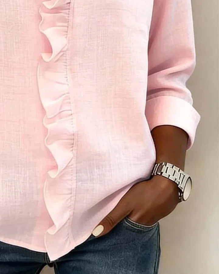 Women's Livia – Elegant Ruffled V-Neck Women's Blouse in White | Invictora.com