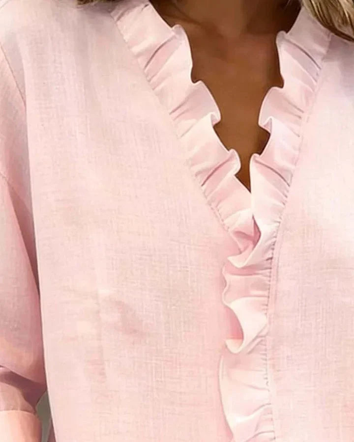 Women's Livia – Elegant Ruffled V-Neck Women's Blouse in White | Invictora.com