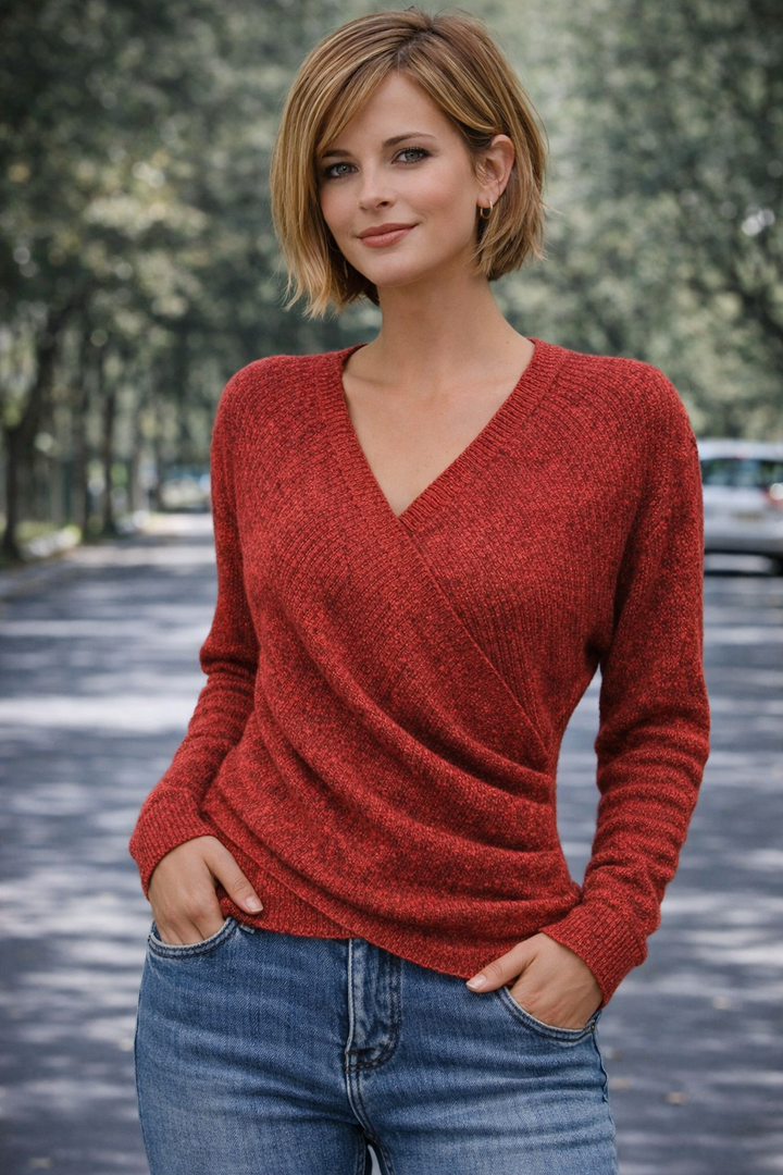 Women's Jenny – Elegant V-Neck Women's Sweater in Red | Invictora.com