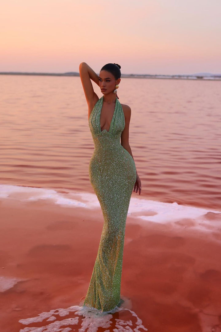 Women's Maxi Dress – Glitter Halter Neck Fitted