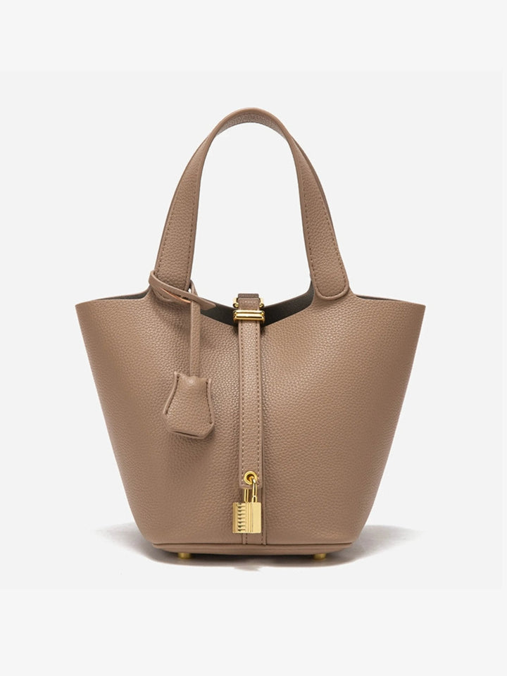 Women's Leather Bucket Bag – Gold Details Classic Style in Khaki | Invictora.com