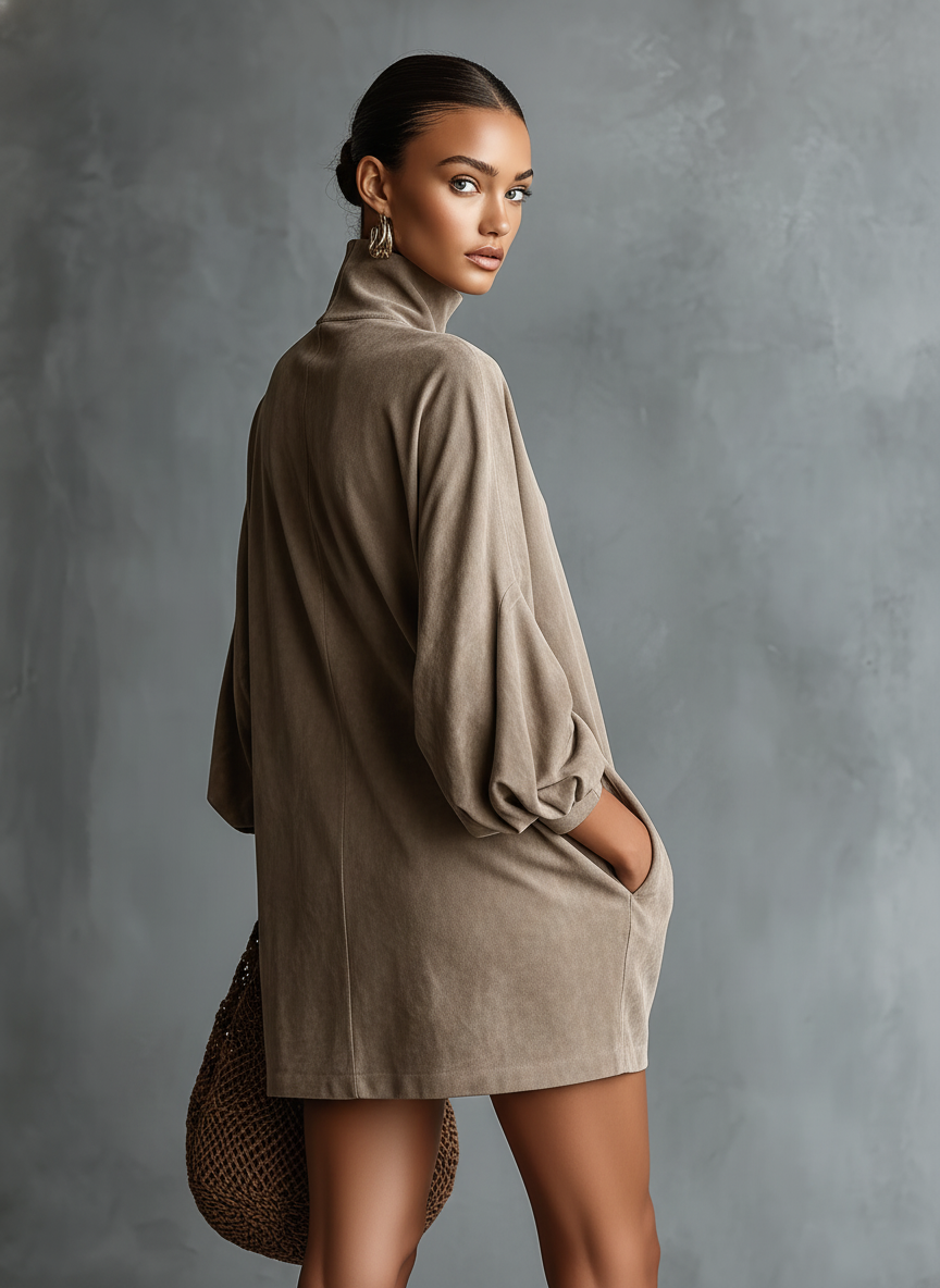 Women's Dress – Faux Suede Roll-Neck Long-Sleeve