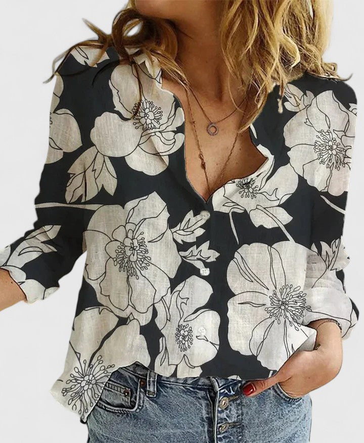 Women's Evelyn – Romantic Botanical V-Neck Floral Blouse in Black | Invictora.com