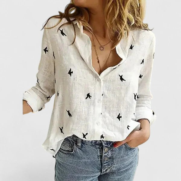 Women's Evelyn – Romantic Botanical V-Neck Floral Blouse in White | Invictora.com