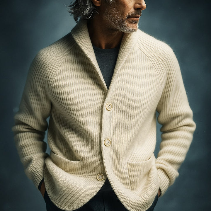 Men's Ribbed Wool-Blend Shawl-Collar Cardigan